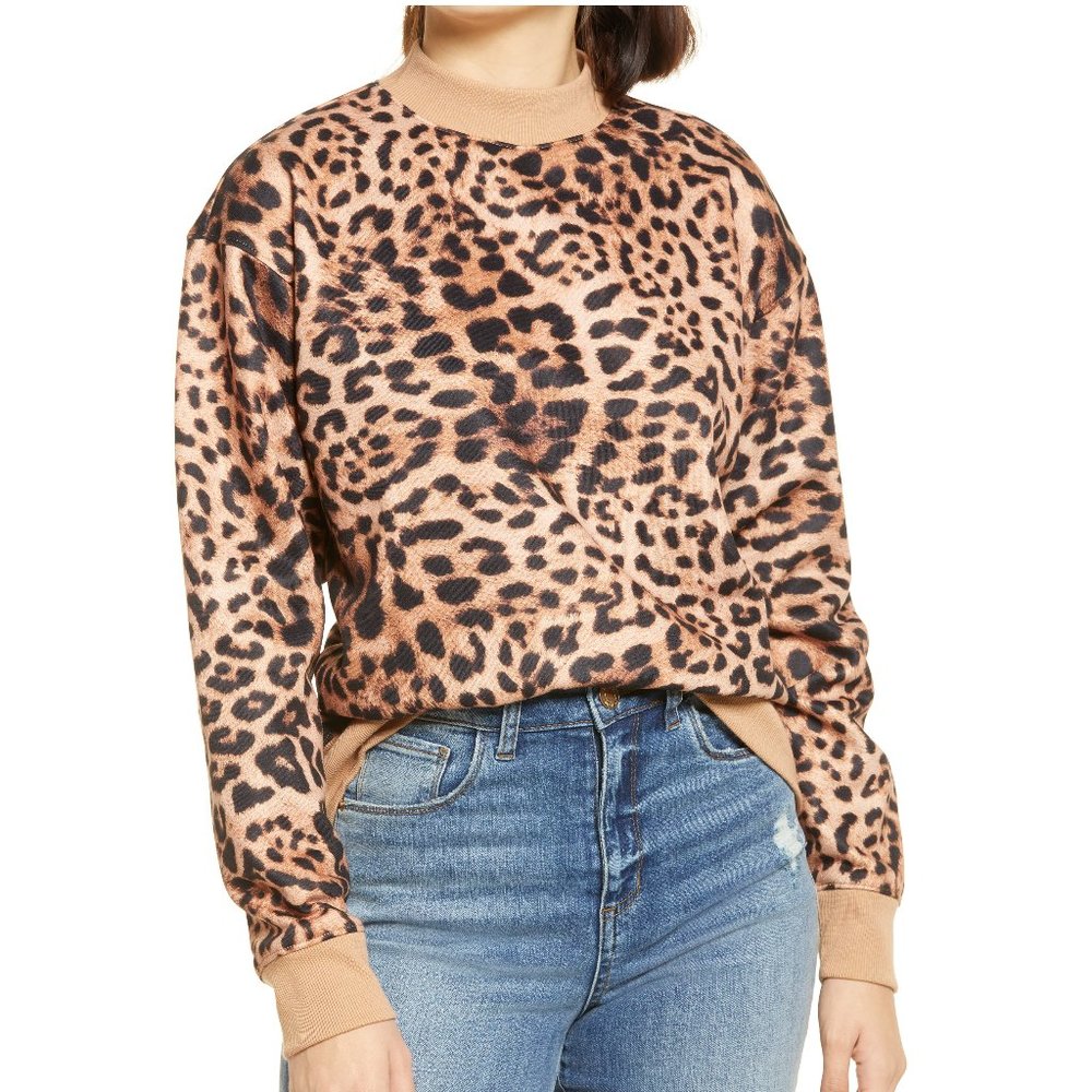 NWT Women's Bp. Mock Neck Graphic Sweatshirt Leopard Brown Size S $50 G472